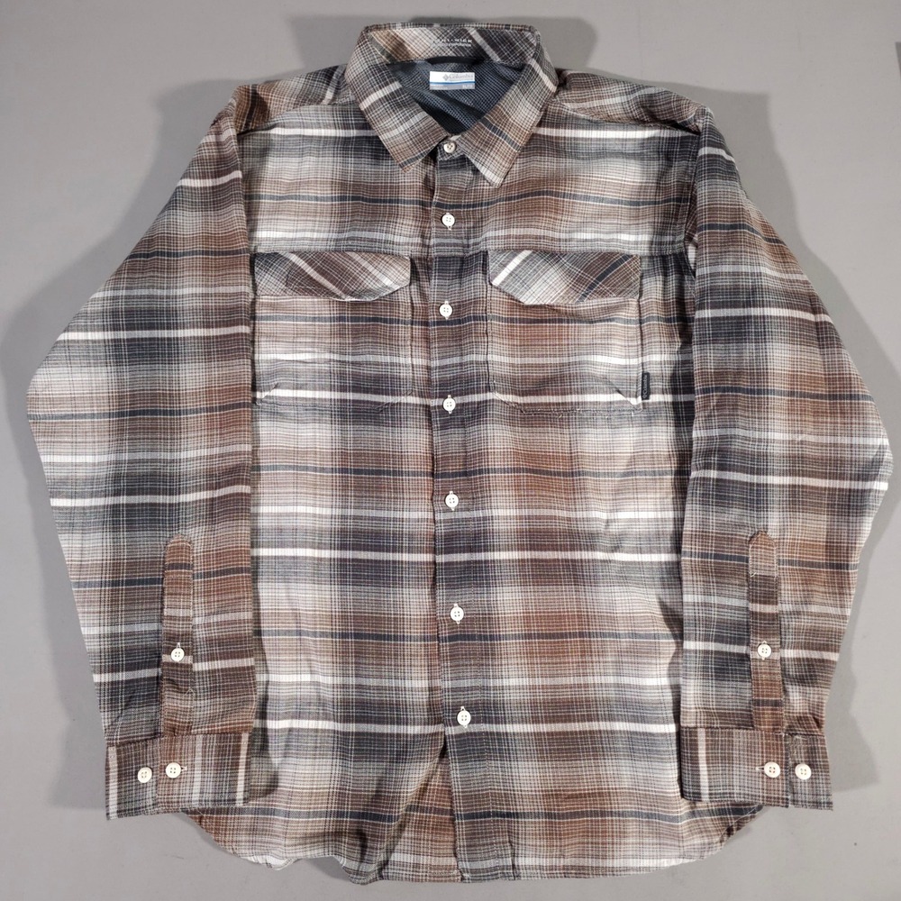 Columbia Button Down Shirt Mens XL Brown Plaid Omni-Wick Long Sleeve XM0209